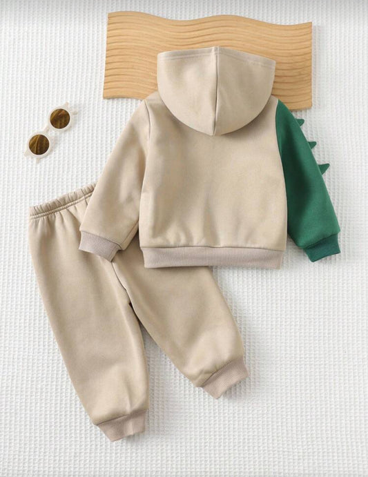 Cozy Pixies Baby Boy Autumn Winter Dinosaur Hooded Jacket and Elastic Waist Pants Set