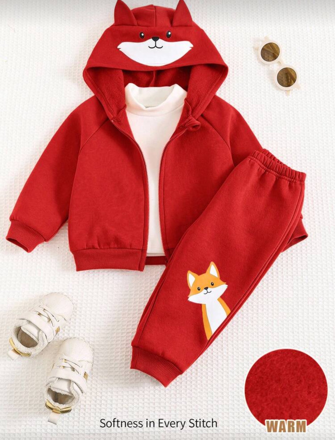 Cozy Pixies 2pcs Baby Boy
Cartoon Fox Ear Hoodie Jacket And Jogger Pants Set Fall Winter