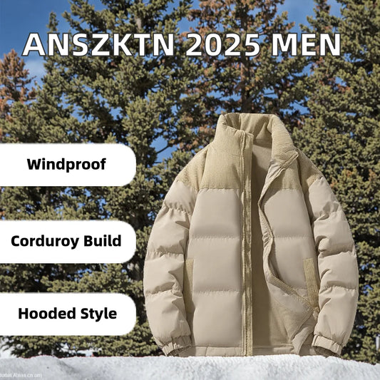ANSZKTN 2025 Men's Windproof Corduroy Polyester Bomber Jacket Single Breasted Letter Casual Long Autumn Coat Garment Dyed