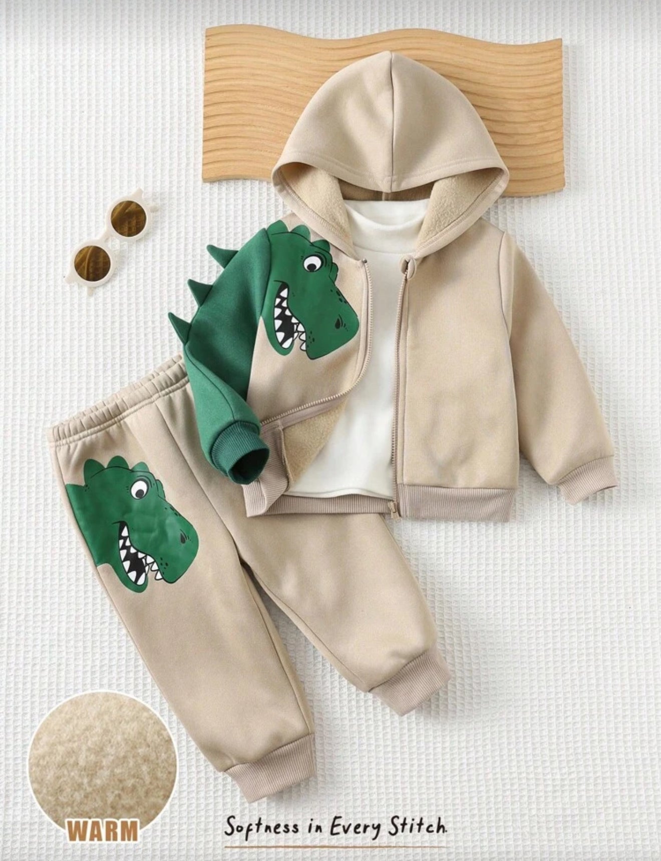 Cozy Pixies Baby Boy Autumn Winter Dinosaur Hooded Jacket and Elastic Waist Pants Set