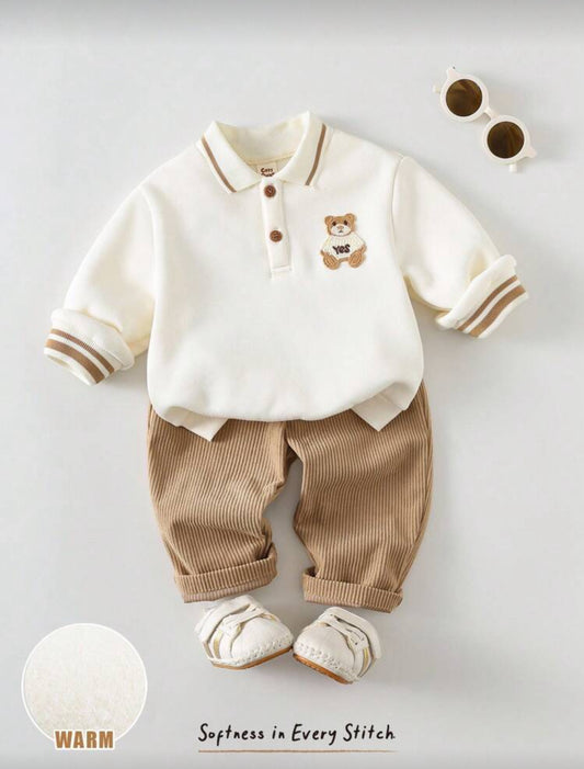 Cozy Pixies 2pcs Baby Boy Cartoon Bear Knit Pullover Sweatshirt and Pants Set