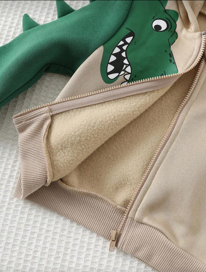 Cozy Pixies Baby Boy Autumn Winter Dinosaur Hooded Jacket and Elastic Waist Pants Set