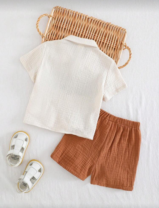 Cozy Pixies 2pcs Baby Boy Color Block Lapel Short Sleeve Top and Shorts Set