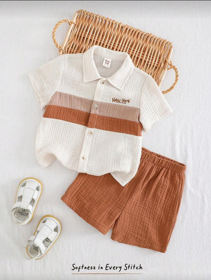 Cozy Pixies 2pcs Baby Boy Color Block Lapel Short Sleeve Top and Shorts Set