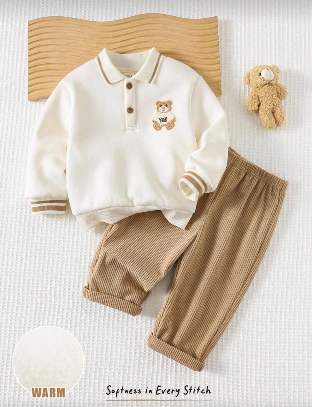 Cozy Pixies 2pcs Baby Boy Cartoon Bear Knit Pullover Sweatshirt and Pants Set