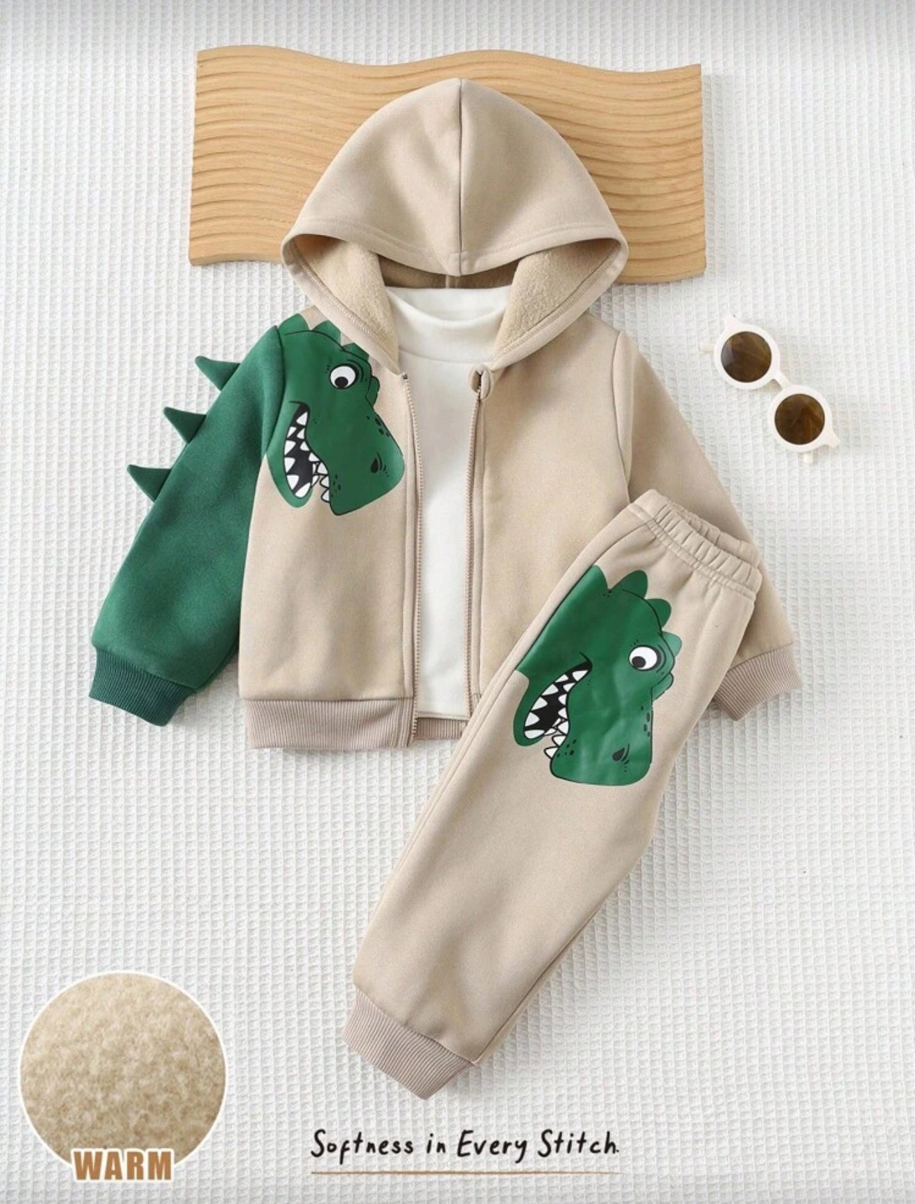 Cozy Pixies Baby Boy Autumn Winter Dinosaur Hooded Jacket and Elastic Waist Pants Set