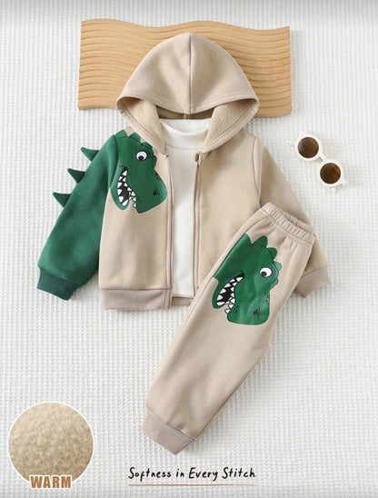 Cozy Pixies Baby Boy Autumn Winter Dinosaur Hooded Jacket and Elastic Waist Pants Set