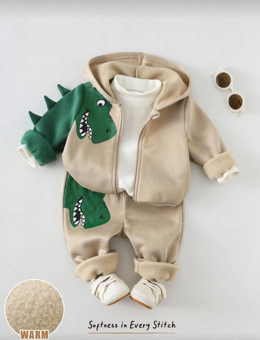 Cozy Pixies Baby Boy Autumn Winter Dinosaur Hooded Jacket and Elastic Waist Pants Set
