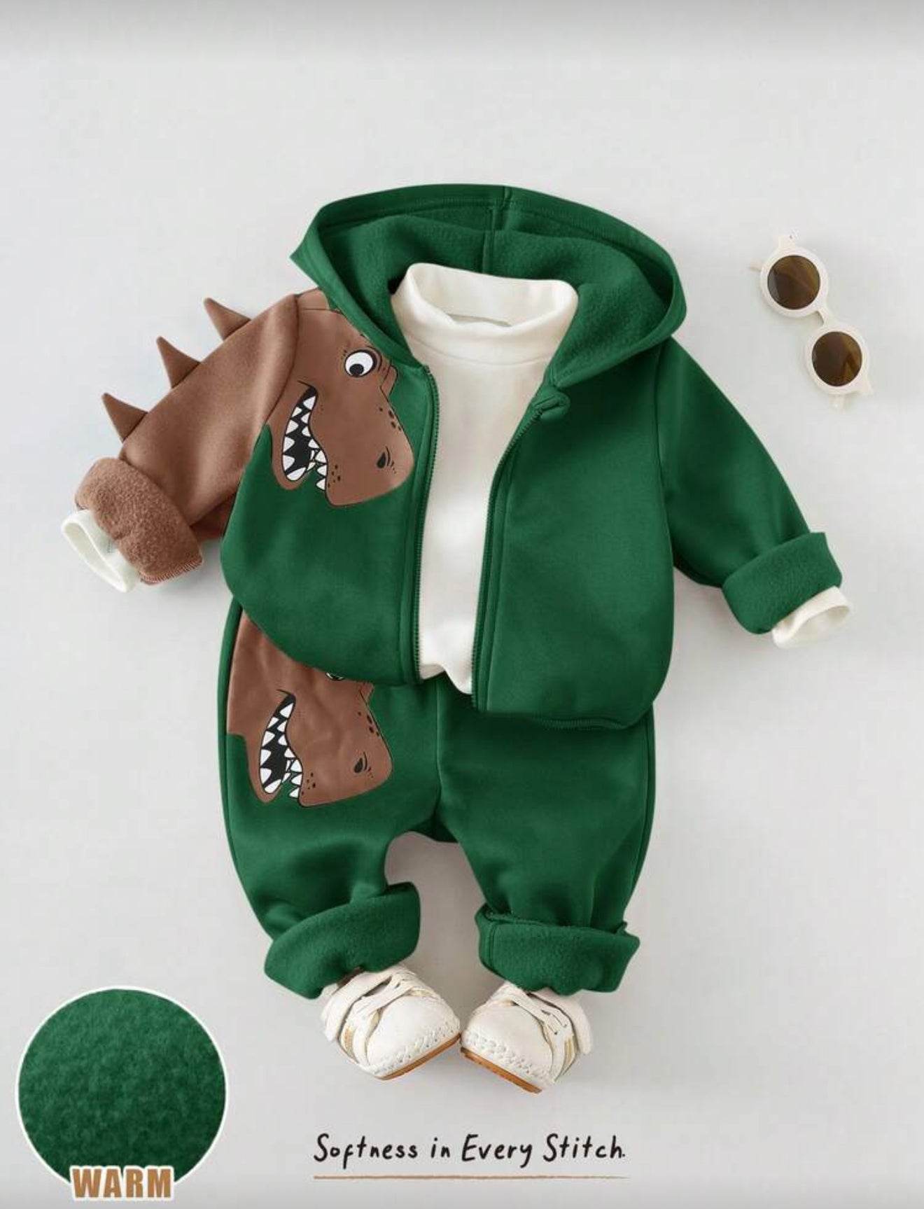 Cozy Pixies Baby Boy Autumn Winter Dinosaur Hooded Jacket and Elastic Waist Pants Set