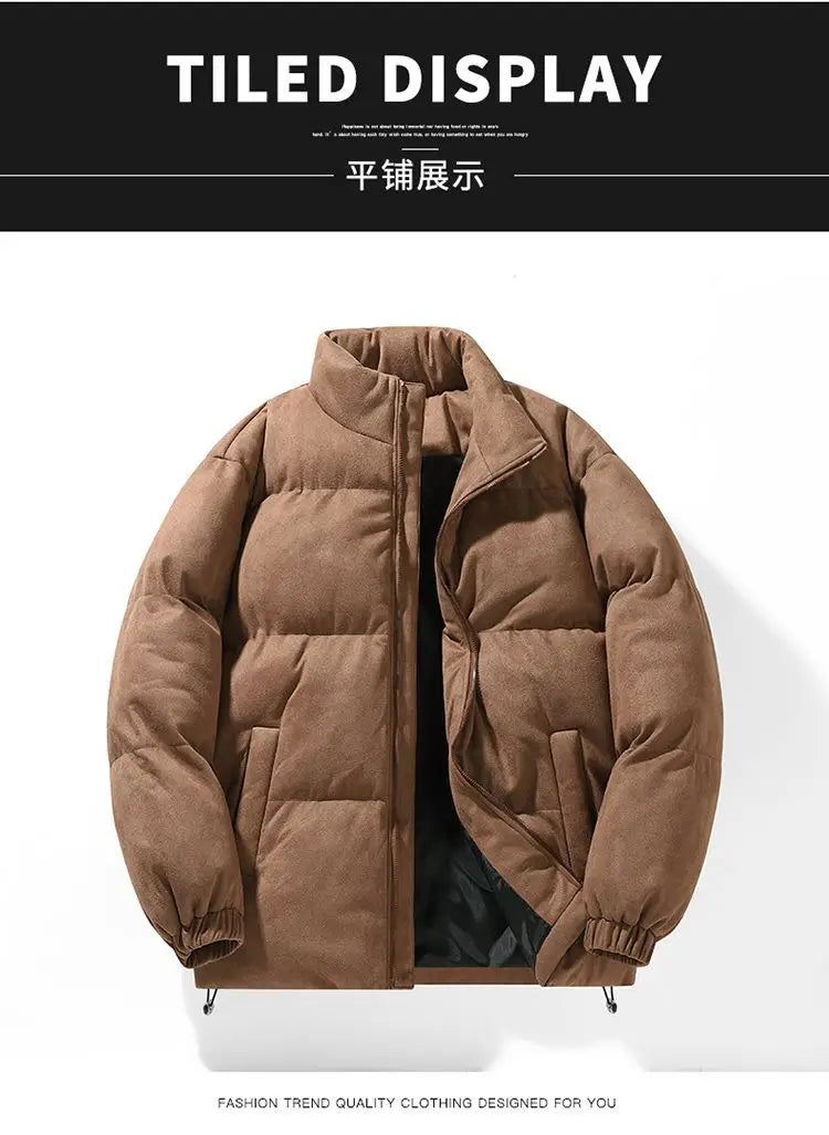 Thicken Warm Winter Jacket Men Women Suede Fabric Stand Collar Cotton Padded  Jacket Casual Loose Solid Windproof Bread Coats