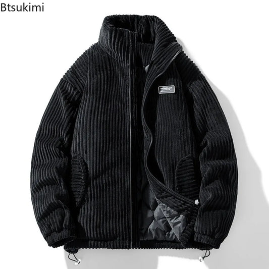 New Winter Fashion Casual Parkas for Men Stand Collar Solid Color Outerwear Corduroy Thicken Warm Jacket Cotton-padded Jacket