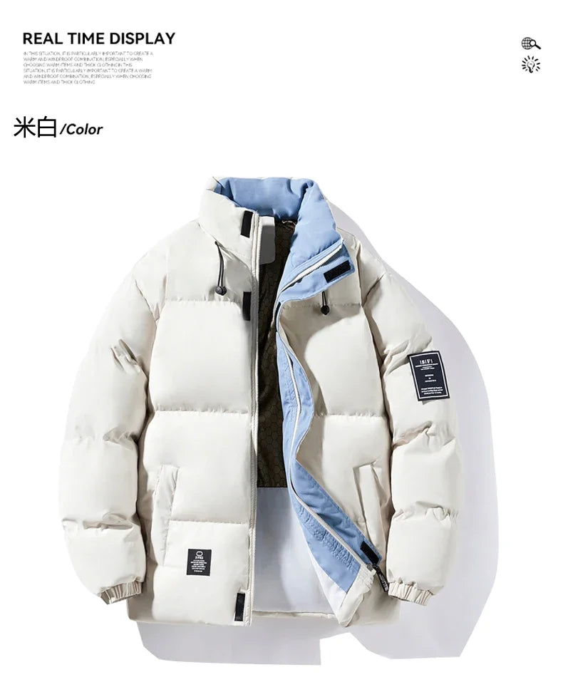 Male Solid Color Stand Collar Cotton Jacket Men Windproof Winter Thick Warm Parka Coat Men's Cotton Coat Thick Mens Warm Clothes