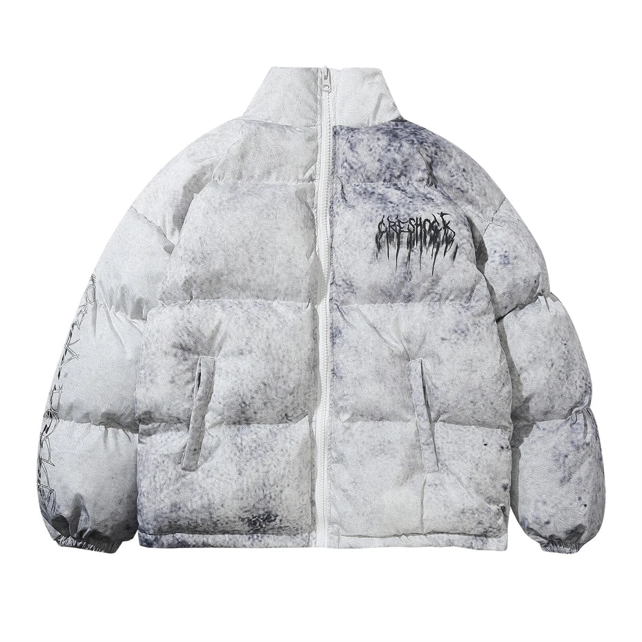 Winter Tie Dye Parka Men Harajuku Thick Padded Jacket Coat Men Oversized Hip Hop Streetwear Letter Print Zip Up Jackets Unisex