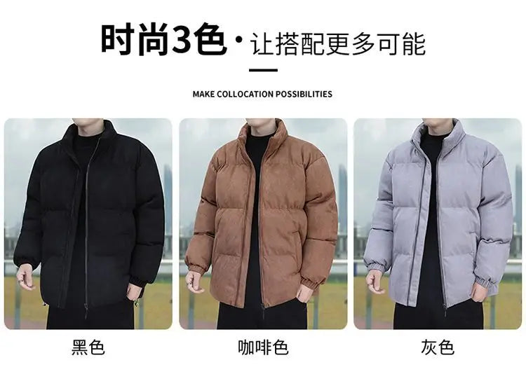 Thicken Warm Winter Jacket Men Women Suede Fabric Stand Collar Cotton Padded  Jacket Casual Loose Solid Windproof Bread Coats