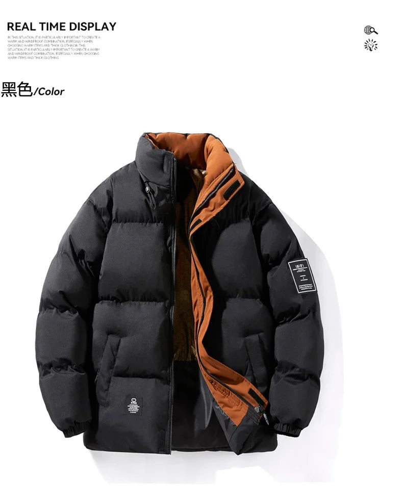 Male Solid Color Stand Collar Cotton Jacket Men Windproof Winter Thick Warm Parka Coat Men's Cotton Coat Thick Mens Warm Clothes