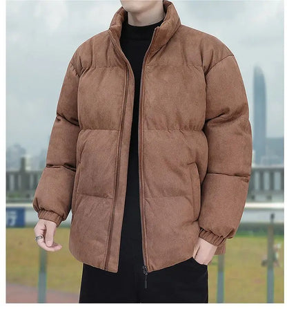 Thicken Warm Winter Jacket Men Women Suede Fabric Stand Collar Cotton Padded  Jacket Casual Loose Solid Windproof Bread Coats