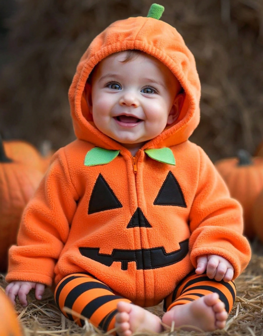 Baby Pumpkin Outfit Orange Hooded Romper and Striped Pants for Halloween Cosplay and Birthdays
