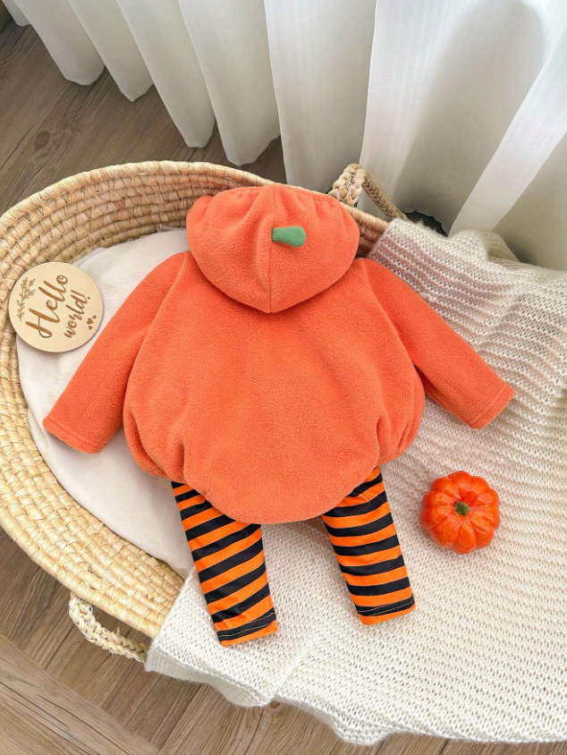 Baby Pumpkin Outfit Orange Hooded Romper and Striped Pants for Halloween Cosplay and Birthdays