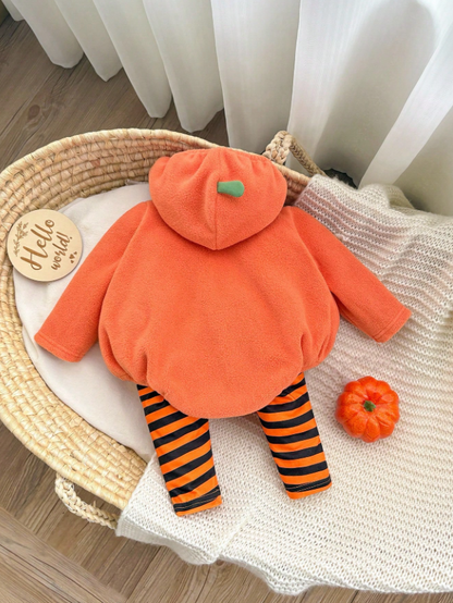 Baby Pumpkin Outfit Orange Hooded Romper and Striped Pants for Halloween Cosplay and Birthdays