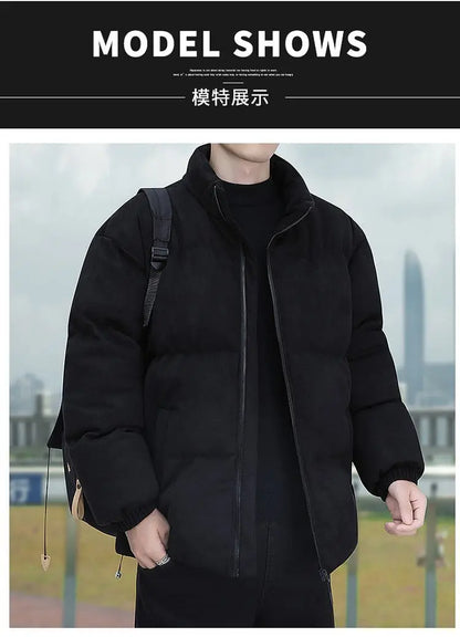 Thicken Warm Winter Jacket Men Women Suede Fabric Stand Collar Cotton Padded  Jacket Casual Loose Solid Windproof Bread Coats